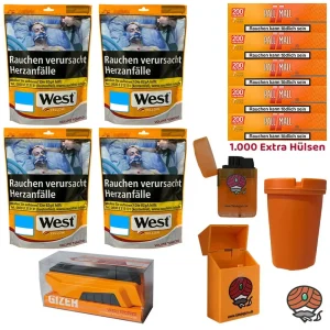 4x West Yellow Volumentabak Beutel à 90g + 1000 Pall Mall Xtra Hülsen + Zubehör