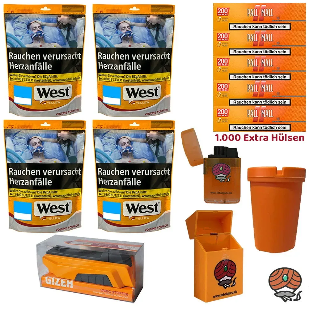 4x West Yellow Volumentabak Beutel à 90g + 1000 Pall Mall Xtra Hülsen + Zubehör