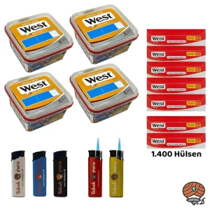 4x West Yellow Volumentabak Mega Box à 110g + 1400 West Red Hülsen + Zubehör