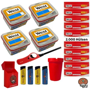 4x West Yellow Volumentabak Mega Box à 110g + 2000 West Hülsen, Stabfeuerzeug