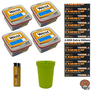 4x West Yellow Volumentabak Mega Box à 110g + Gizeh Full Flavor Extra Papier-Hülsen, Sturmfeuerzeug