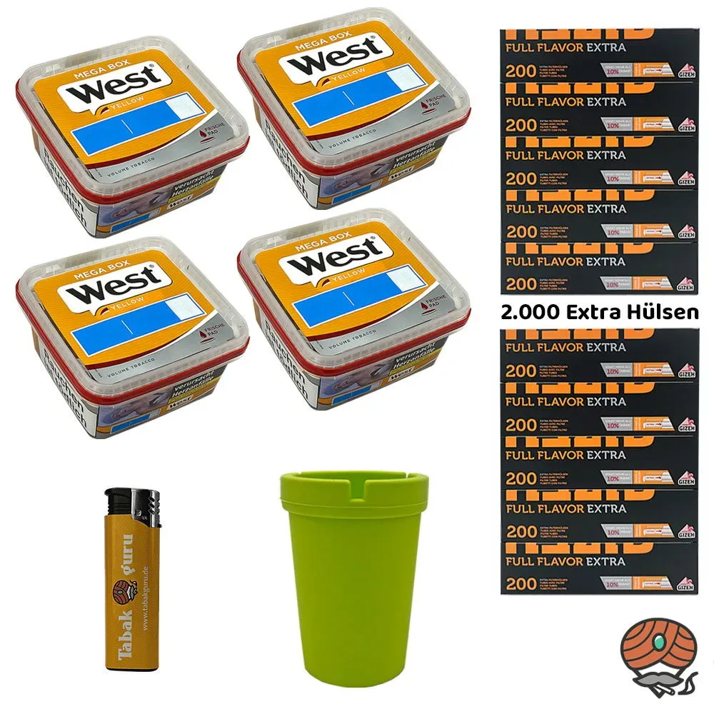 4x West Yellow Volumentabak Mega Box à 110g + Gizeh Full Flavor Extra Papier-Hülsen, Sturmfeuerzeug