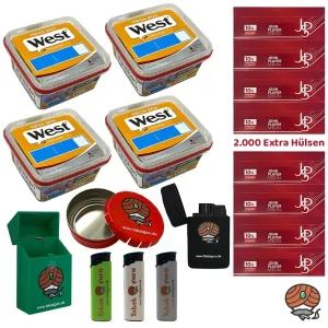 4x West Yellow Volumentabak Mega Box à 110g, JPS Extra Hülsen, Taschenascher