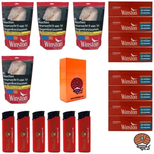 4x Winston Red/Rot Volumentabak Beutel à 100g, Extra Hülsen, Feuerzeuge, Box