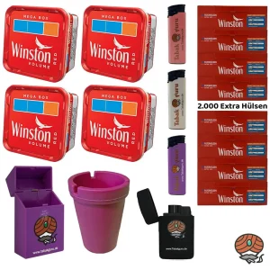 4x Winston Red/Rot Volumentabak Mega Box à 120g, Extra Hülsen, viel Zubehör