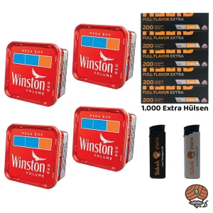 4x Winston Red/Rot Volumentabak Mega Box à 120g, Gizeh Full Flavor Extra Papier-Hülsen, Feuerzeuge