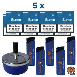 5 Stangen Burton Blau Filter Zigarillos (25 Stück / Schachtel) + Zubehör