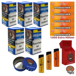5x Break Blue/Blau XXL Volumentabak Dose à 85g, Allround Hülsen, viel Zubehör