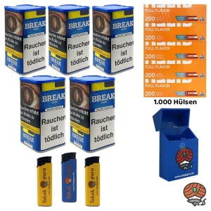 5x Break Blue/Blau XXL Volumentabak Dose à 85g, Full Flavor Hülsen, Feuerzeuge, Box