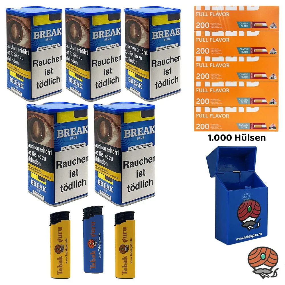 5x Break Blue/Blau XXL Volumentabak Dose à 85g, Full Flavor Hülsen, Feuerzeuge, Box