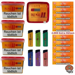 5x Pall Mall Allround Mega Box Tabak/Volumentabak à 120g, 2000 Xtra Hülsen, Feuerzeuge