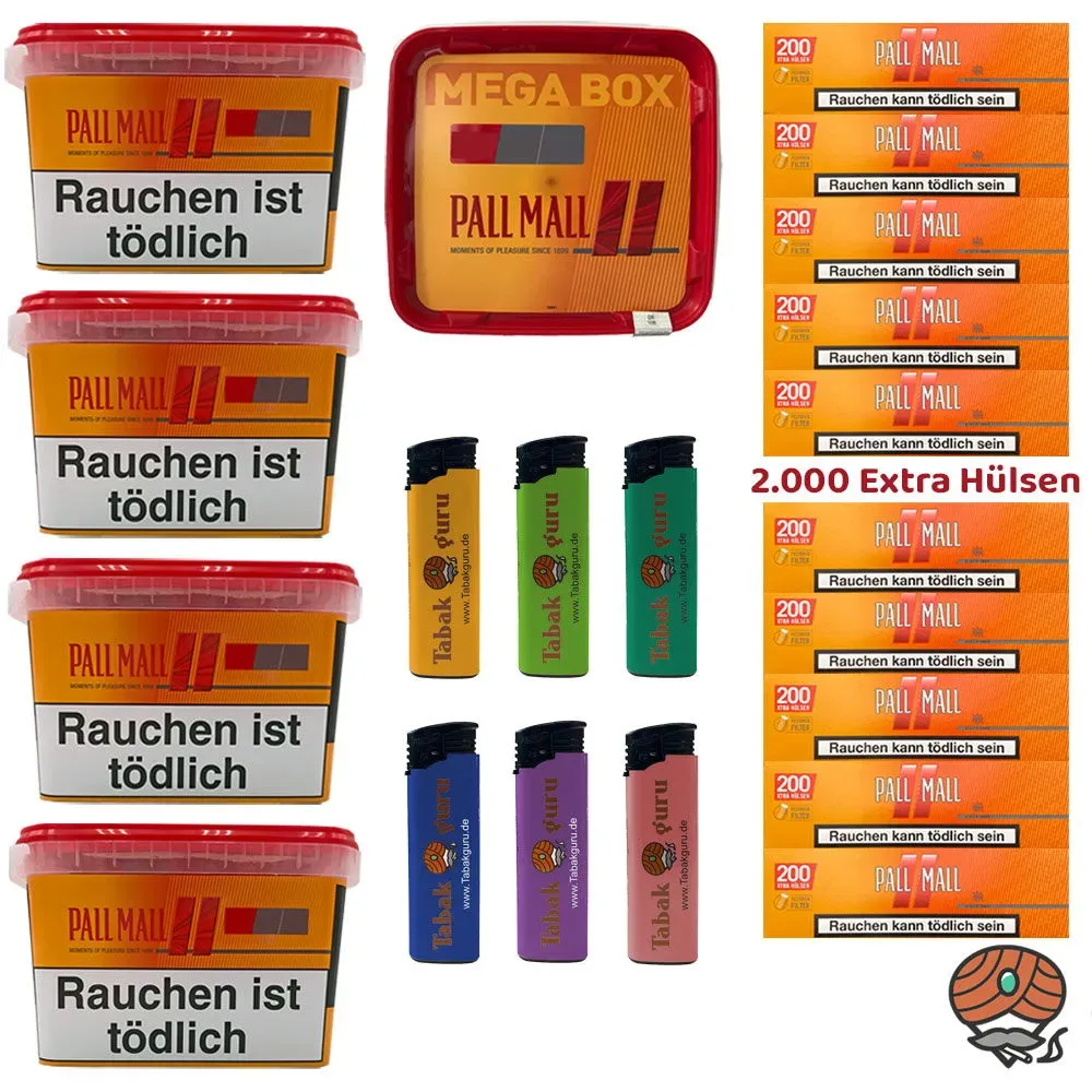 5x Pall Mall Allround Mega Box Tabak/Volumentabak à 120g, 2000 Xtra Hülsen, Feuerzeuge