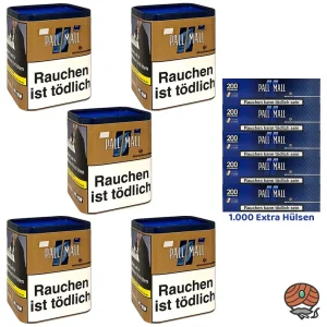 5x Pall Mall Authentic Blue/Blau Tabak Dose à 75g + 1000 Pall Mall Blue Xtra Hülsen