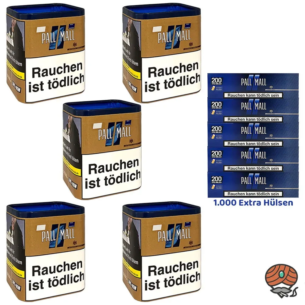 5x Pall Mall Authentic Blue/Blau Tabak Dose à 75g + 1000 Pall Mall Blue Xtra Hülsen
