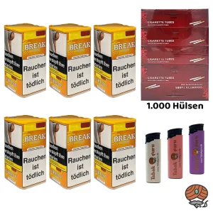 6x Break Orange Volumentabak Dose à 85g, 1000 Hülsen, Feuerzeuge