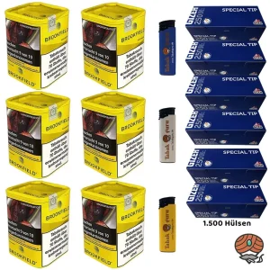 6x Brookfield Gold Blend Tabak Dose à 120g, Gizeh Special Tip Hülsen, Feuerzeuge