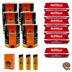 6x Buffalo Red Volumentabak Dose à 75g + 6x Buffalo Red Extra Hülsen + Zubehör