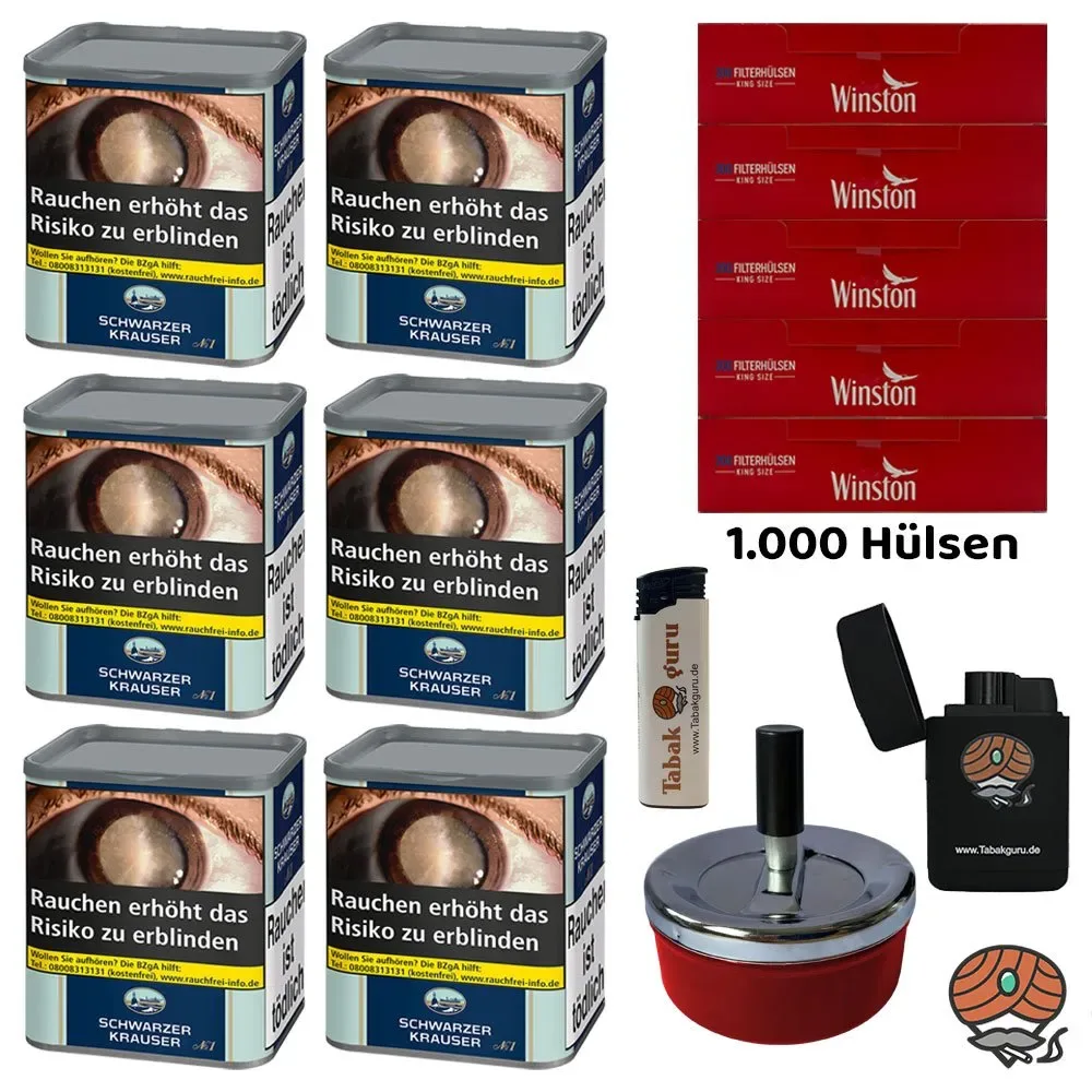 6x Schwarzer Krauser No.1 Feinschnitt Zigarettentabak à 65g, Winston Hülsen, Zubehör
