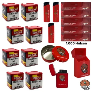 8x Break Original Volumentabak Dose à 43g, 1000 Break Hülsen, Zubehör