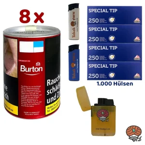 8x Burton Red / Rot Volumentabak Dose à 65g, 1000 Gizeh Special Tip Hülsen, Feuerzeuge