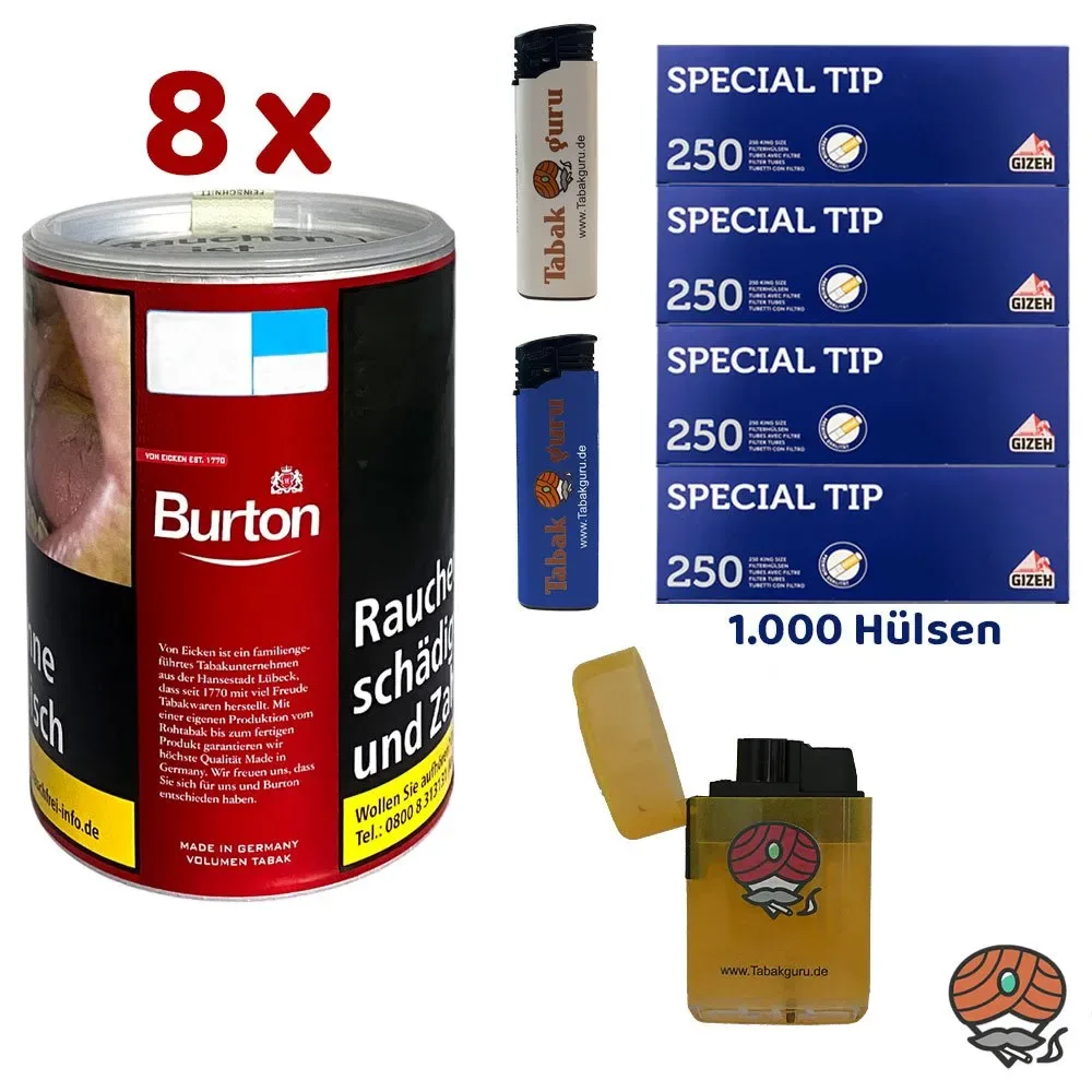 8x Burton Red / Rot Volumentabak Dose à 65g, 1000 Gizeh Special Tip Hülsen, Feuerzeuge