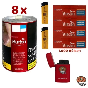 8x Burton Red / Rot Volumentabak Dose à 65g, 1000 Winston Extra Hülsen, Feuerzeuge