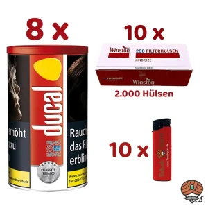 8x Ducal Red / Rot Zigarettentabak Dose à 168g, 2000 Winston Hülsen, Feuerzeuge