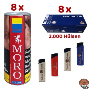 8x Moro Red/Rot Volumentabak Dose à 85g, Gizeh Special Tip Hülsen, Feuerzeuge