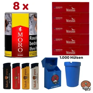 8x Moro Rot Volumentabak Dose à 43g + 1000 Winston Hülsen + Zubehör