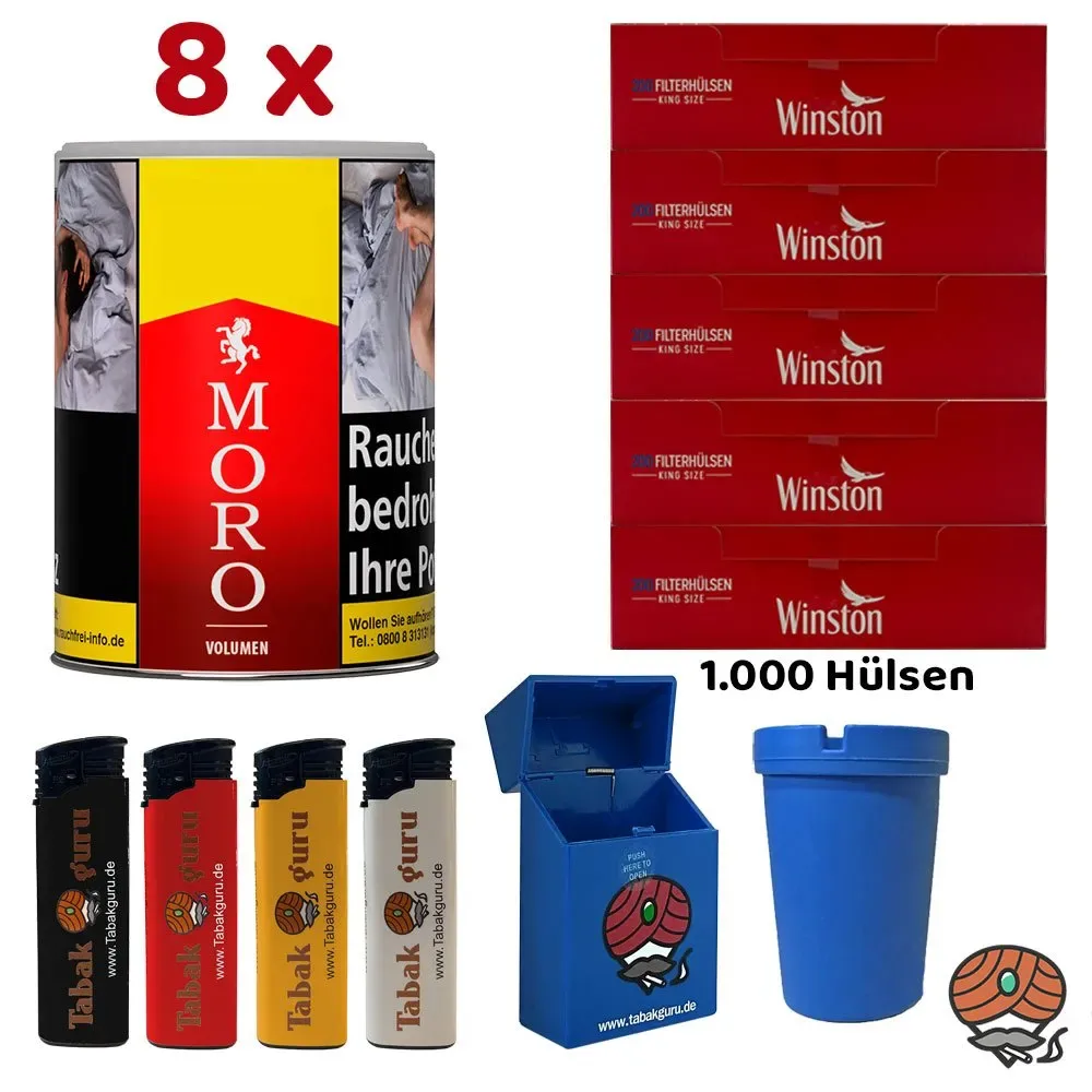 8x Moro Rot Volumentabak Dose à 43g + 1000 Winston Hülsen + Zubehör