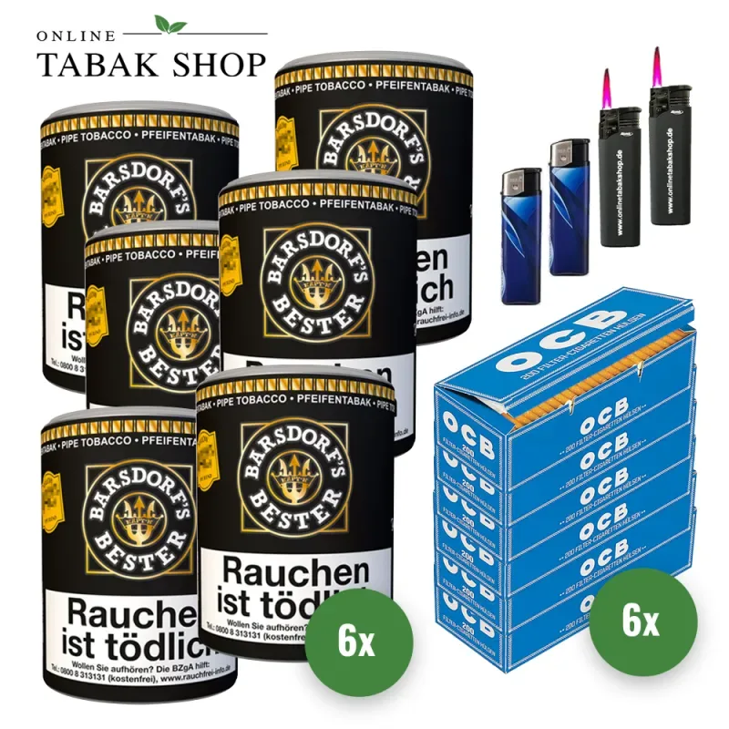 Barsdorf’s Bester Vanilla Yellow (6 x 160g) + 1.200 OCB Blau Filterhülsen + 2 Sturmfeuerzeuge + 2 Feuerzeuge
