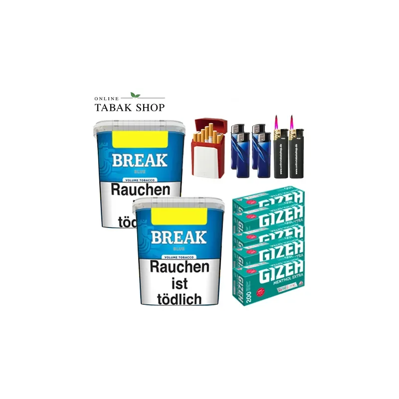 Break Blue Volumentabak (2 x 195g) + 1.000 Gizeh Menthol Extra Hülsen + 4 Feuerzeuge + 2 Sturmfeuerzeuge + Gizeh Etui