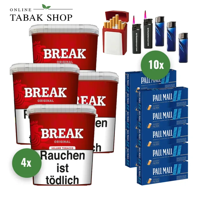 Break Original Volumentabak (4 x 195g) + 2.000 Pall Mall Blue Xtra Hülsen + 3 Feuerzeuge + 2 Sturmfeuerzeuge + 1 Gizeh Etui