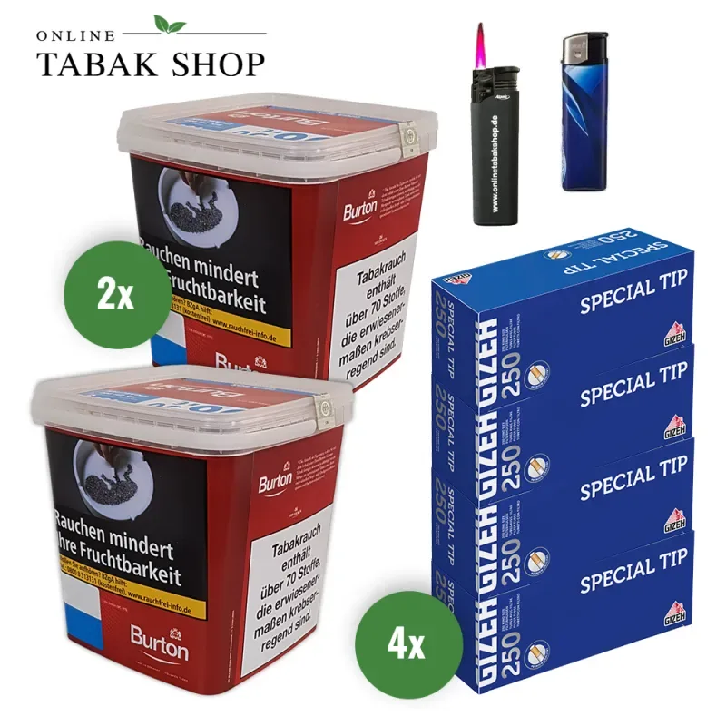 BURTON Full Red (2 x 400g) + 1.000 GIZEH Special Tip Hülsen + 1 Sturmfeuerzeug + 1 Feuerzeug