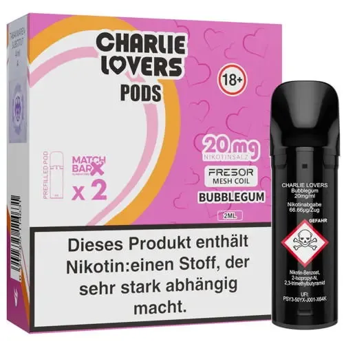 E-Zigarette: Charlie Lovers – Bubblegum – Prefilled Pod 2er Pack 2ml
