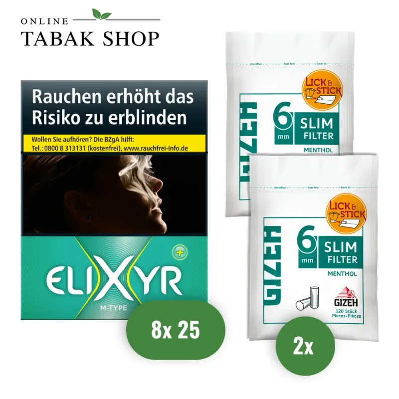 Elixyr Plus Zigaretten (8 x 25er) + 240 GIZEH Slim Filter Menthol