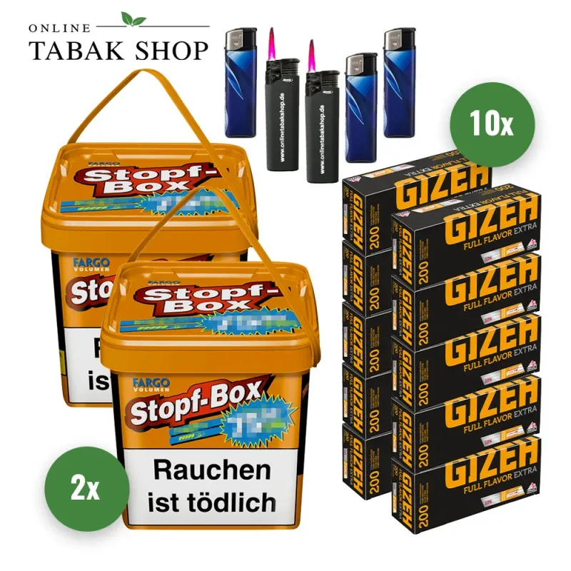 Fargo Volumen Stopf Box Eimer XXXL Orange (2 x 420g) + 2.000 Gizeh Full Flavor Extra Hülsen + 3 Feuerzeuge + 2 Sturmfeuerzeuge
