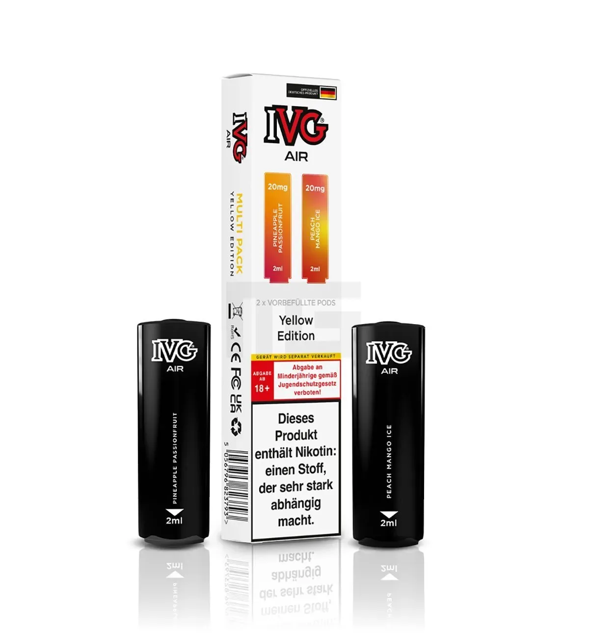 IVG – AIR – Prefilled Pod – Multi Flavour Edition – 2ml – Yellow Edition (Pineapple Passionfruit & Peach Mango Ice) | Nikotinsalz-Stärke : 20mg | Paketgröße : 1er Packung
