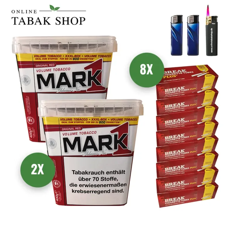 Mark 1 Volumen Tabak (2 x 400g) + 1.600 Break PLUS Hülsen + 1 Sturmfeuerzeug + 2 Feuerzeuge