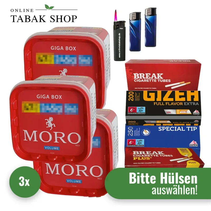 Moro Tabak (3 x 245g) + 2000 Hülsen (wählbar) + 2 Feuerzeuge + 1 Sturmfeuerzeug