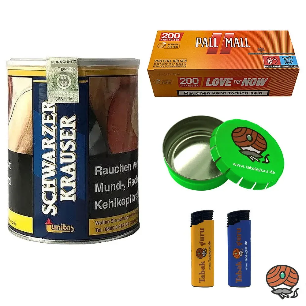 Unitas Schwarzer Krauser Zware Shag Drehtabak/Stopftabak 75g, Pall Mall Xtra Hülsen, Zubehör