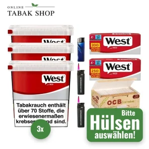 West Red Tabak (3 x 170g) Eimer + 2.000 Hülsen (wählbar) + 2 Sturmfeuerzeuge + 1 Feuerzeug