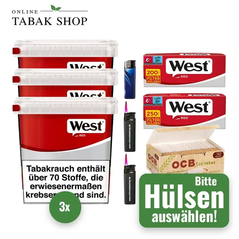 West Red Tabak (3 x 170g) Eimer + 2.000 Hülsen (wählbar) + 2 Sturmfeuerzeuge + 1 Feuerzeug