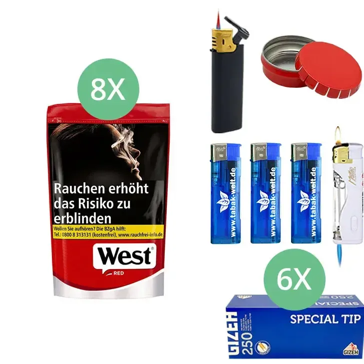 West Tabak XL Red 8 x Beutel mit 1500 Gizeh Special Tip King Size Filterhülsen
