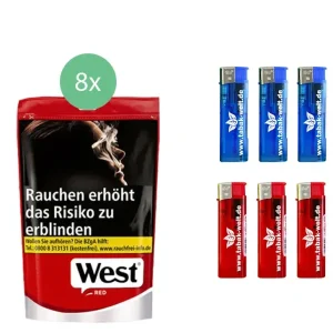 West Tabak XL Red 8 x Beutel mit Feuerzeugen