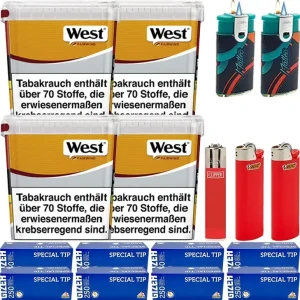 West Volumentabak Yellow 4 x Giga Box mit 2000 Gizeh King Size Hülsen