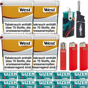 West Volumentabak Yellow 4 x Giga Box mit 2000 Menthol Extra Hülsen