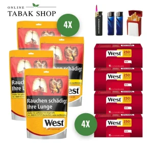 West Yellow Tabak (4 x 90g) + 1.000 West Red EXTRA Hülsen + 2 Feuerzeuge + 1 Sturmfeuerzeug + 1 GIZEH Etui