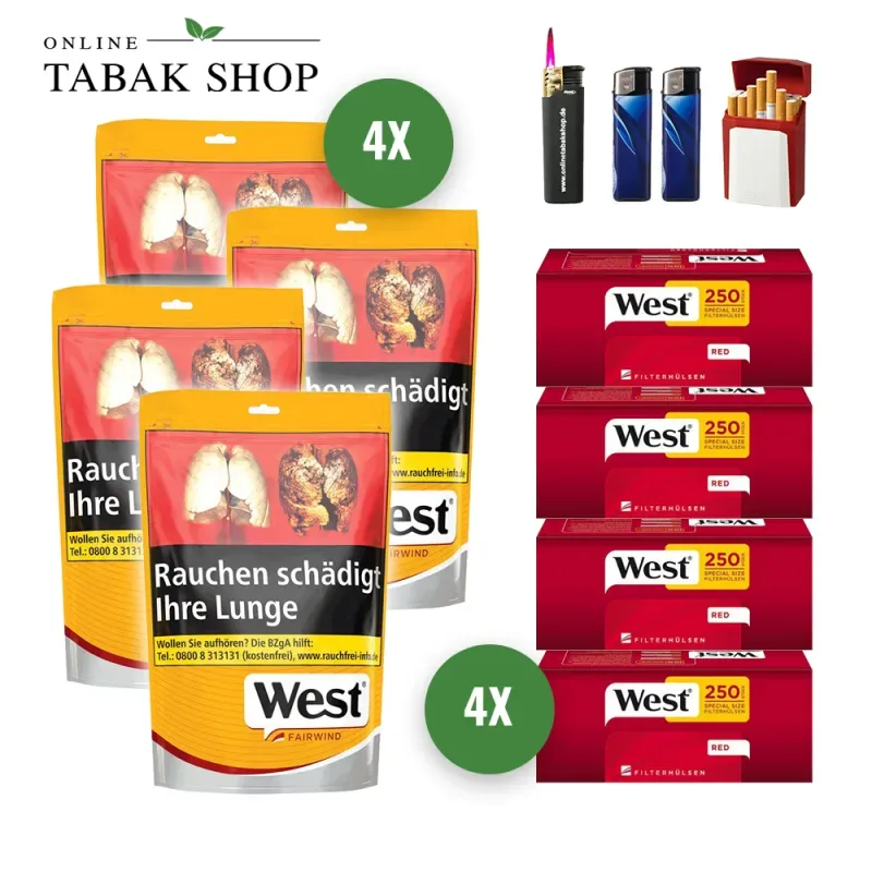 West Yellow Tabak (4 x 90g) + 1.000 West Red EXTRA Hülsen + 2 Feuerzeuge + 1 Sturmfeuerzeug + 1 GIZEH Etui