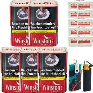 Winston Premium Red Feinschnitttabak 5 x Dose mit 1000 King Size Hülsen